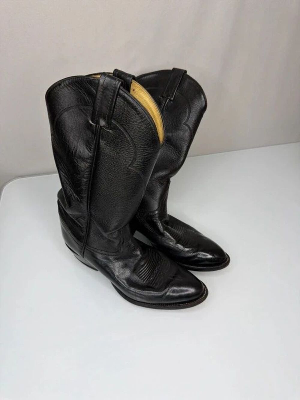 Tony Lama Western Cowboy Boots Mens 7.5D Black Leather Tall Shaft Round Toe